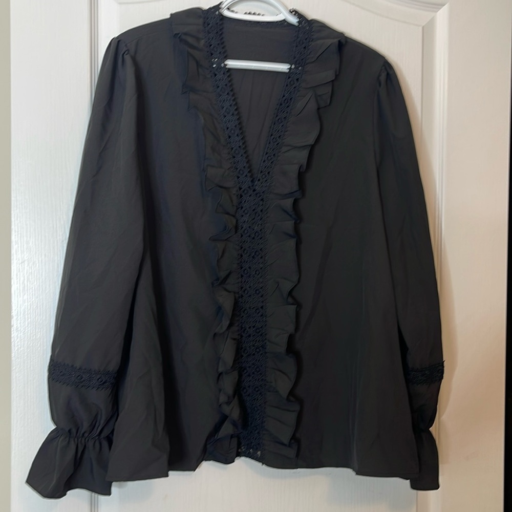 Shein Curve Long Sleeve Sexy V Neck Blouse Black 1X